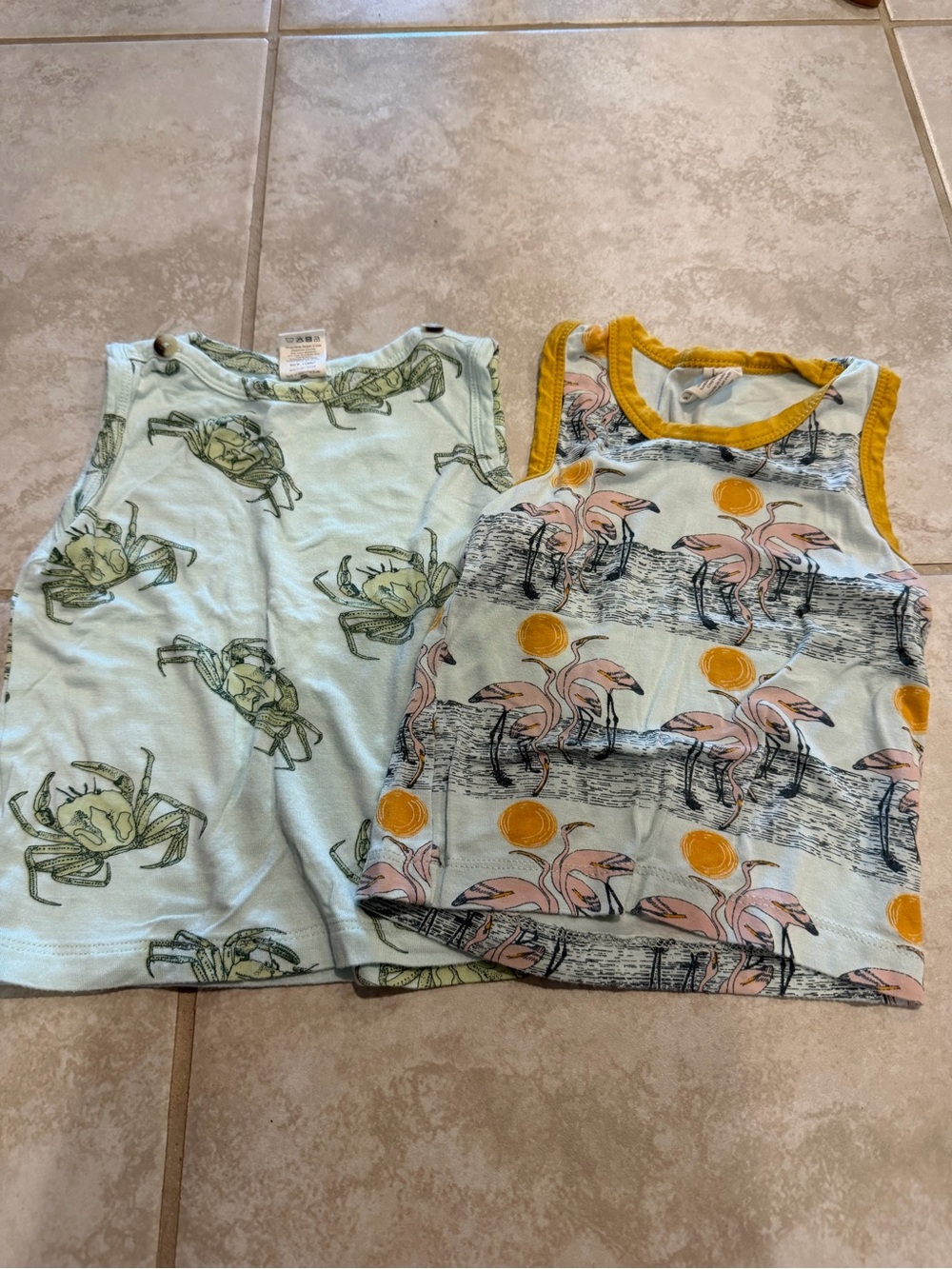 kate quinn Light Aqua & Yellow Kids Tank Tops with Crab and Flamingo Prints